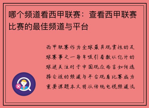 哪个频道看西甲联赛：查看西甲联赛比赛的最佳频道与平台